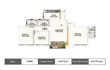 Kumar MagnaCity 3 BHK Floor Plan 1053 SqFt